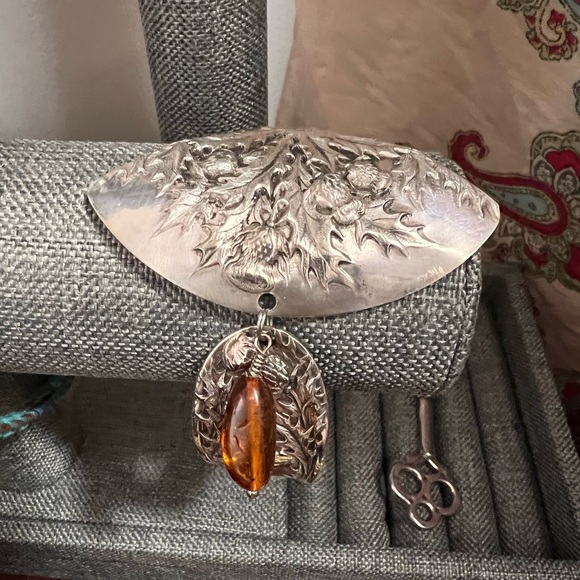 Thistle Sterling  flatware bracelet amber charm & Ring Outlander - Picture 5 of 5